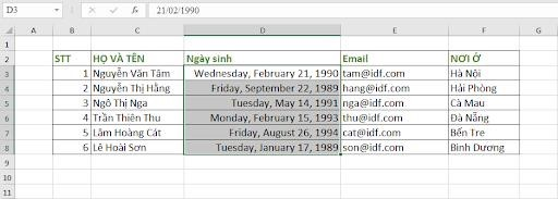 CÁCH 2: Định dạng ngày, tháng, năm bằng Short Date