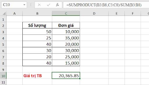 DẠNG 3: Dùng SUMPRODUCT kết hợp với hàm SUM để tính giá trị trung bình