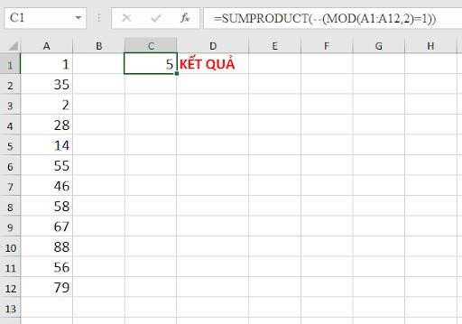 DẠNG 4: Dùng hàm SUMPRODUCT và hàm MOD để đếm ô chứa số lẻ
