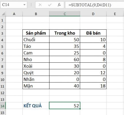 Ứng dụng của hàm Subtotal dạng 1