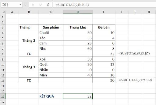 Ứng dụng của hàm Subtotal dạng 3