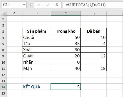 Ứng dụng của hàm Subtotal dạng 4