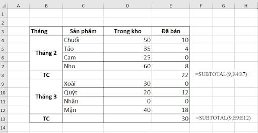 Ứng dụng của hàm Subtotal dạng 3