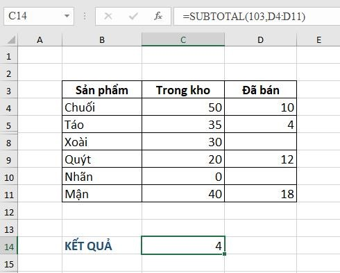 Ứng dụng của hàm Subtotal dạng 4