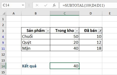 Ứng dụng của hàm Subtotal dạng 2