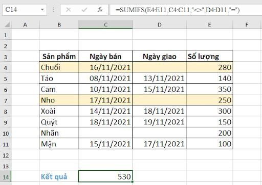 Hàm Sumifs với ô trống và không trống