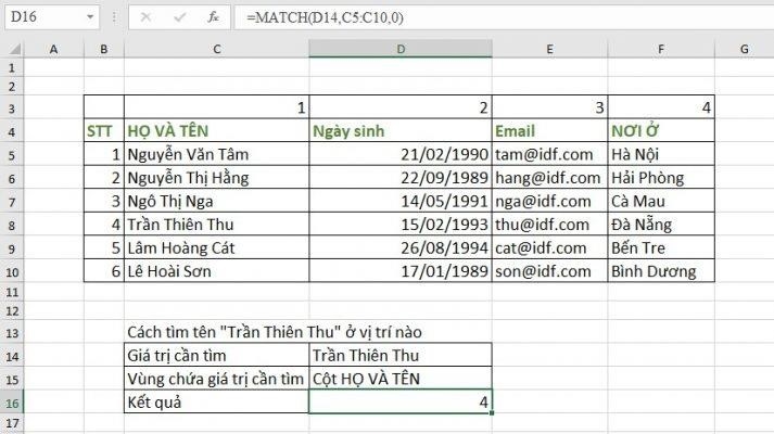 Ví dụ về hàm Index, hàm Match