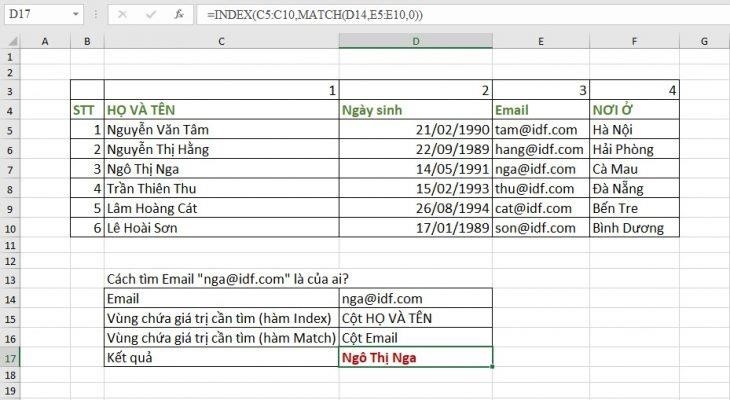 Tìm dữ liệu từ phải qua trái với sự kết hợp của hàm index và hàm match