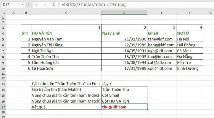 Tìm email theo tên bằng sự kết hợp giữa hàm index và match