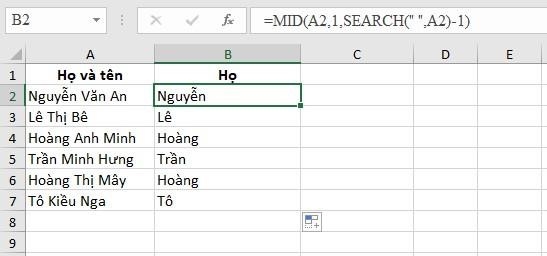Ví dụ 1: Dùng hàm MID để trích xuất họ