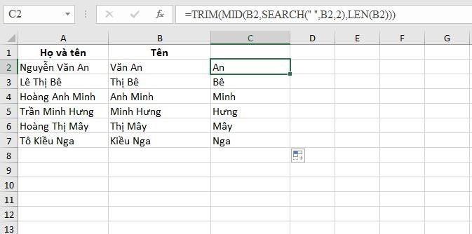 Ví dụ 2: Dùng hàm MID để trích xuất tên