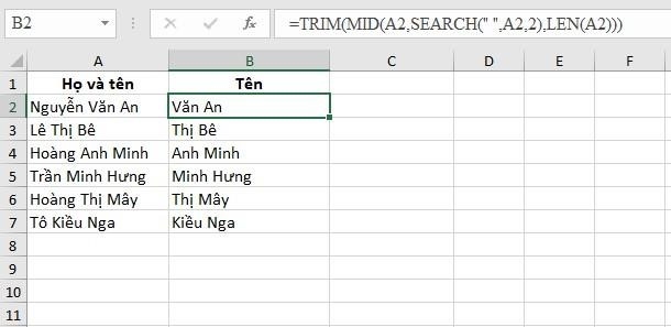 Ví dụ 2: Dùng hàm MID để trích xuất tên