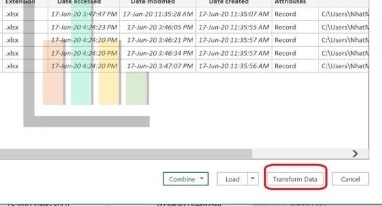 H3. Lấy dữ liệu từ nhiều file excel – Khi xuất hiện bảng trên, nhấn Transform Data