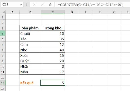 Dạng 3: Đếm ô tính trong khoảng cụ thể