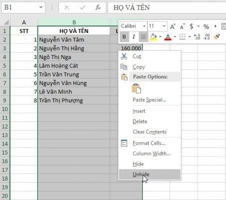 Hướng dẫn cách hiện hàng hay cột trong Excel khi bị ẩn