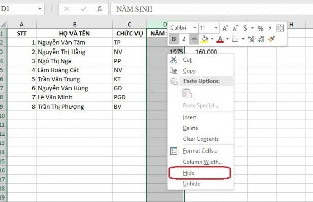 Hướng dẫn ẩn và hiện cột trong excel đơn giản