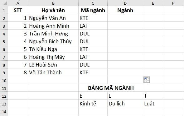 Ví dụ 3: Dùng hàm HLOOKUP để xếp mã ngành cho sinh viên