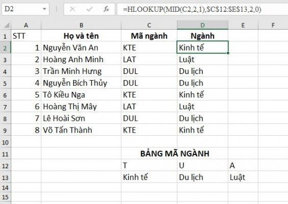 Ví dụ 3: Dùng hàm HLOOKUP để xếp mã ngành cho sinh viên