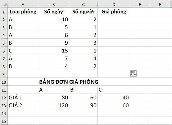 Ví dụ 2: Dùng hàm HLOOKUP để xác định đơn giá phòng khách sạn