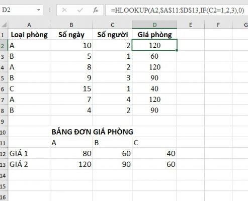 Ví dụ 2: Dùng hàm HLOOKUP để xác định đơn giá phòng khách sạn