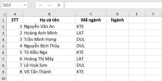 Ví dụ 3: Dùng hàm HLOOKUP để xếp mã ngành cho sinh viên