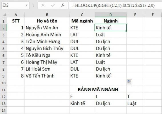 Ví dụ 3: Dùng hàm HLOOKUP để xếp mã ngành cho sinh viên