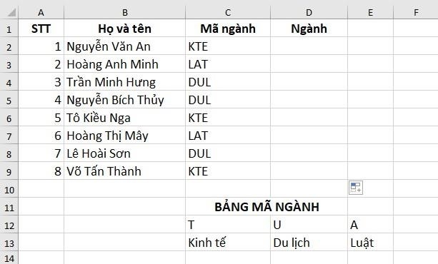 Ví dụ 3: Dùng hàm HLOOKUP để xếp mã ngành cho sinh viên