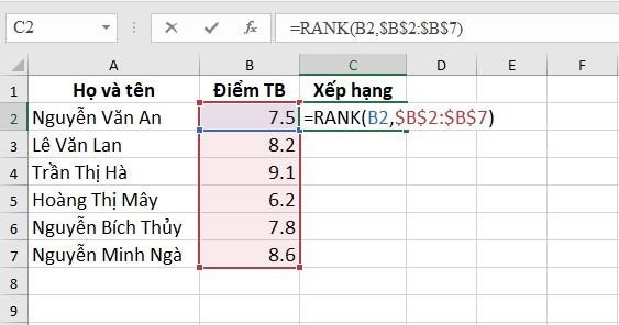 Sử dụng hàm RANK để xếp thứ hạng tăng dần 