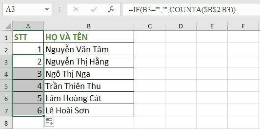 CÁCH 2: Đánh số thứ tự bằng hàm IF và COUNTA