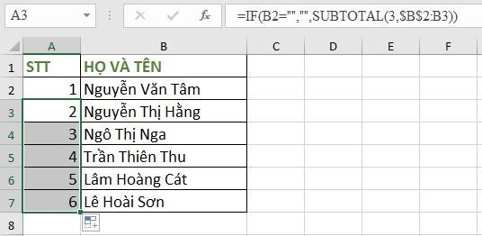 CÁCH 1: Đánh số thứ tự bằng hàm IF và SUBTOTAL