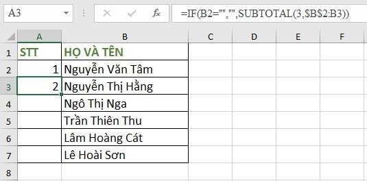 CÁCH 1: Đánh số thứ tự bằng hàm IF và SUBTOTAL