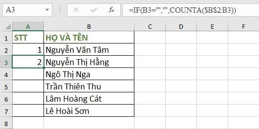 CÁCH 2: Đánh số thứ tự bằng hàm IF và COUNTA