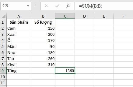 Trường hợp 2: Tính tổng toàn bộ cột với số hàng không thể xác định được