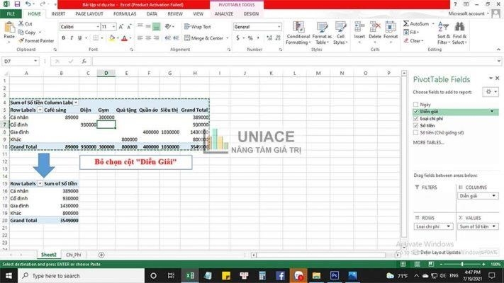 Bỏ chọn (untick) cột “Diễn giải” trong PivotTable Fields