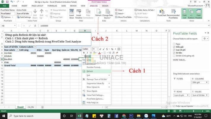 Update thêm nguồn dữ liệu mới cho pivottable