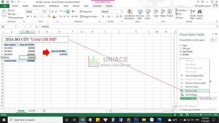 Nhấn “Remove Field” để xóa cột trong PivotTable Fields