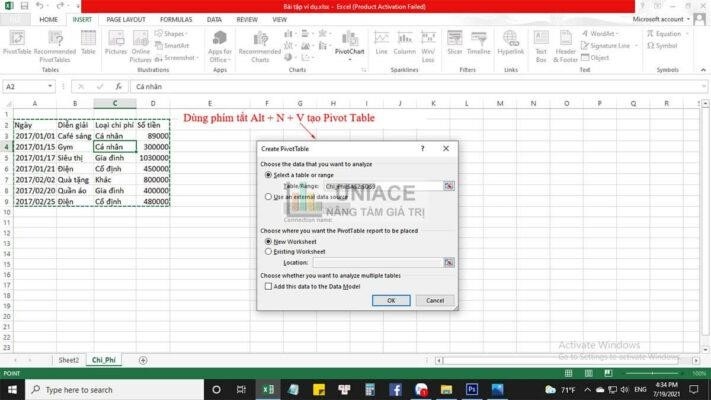 Hướng dẫn tạo PivotTable với phím tắt