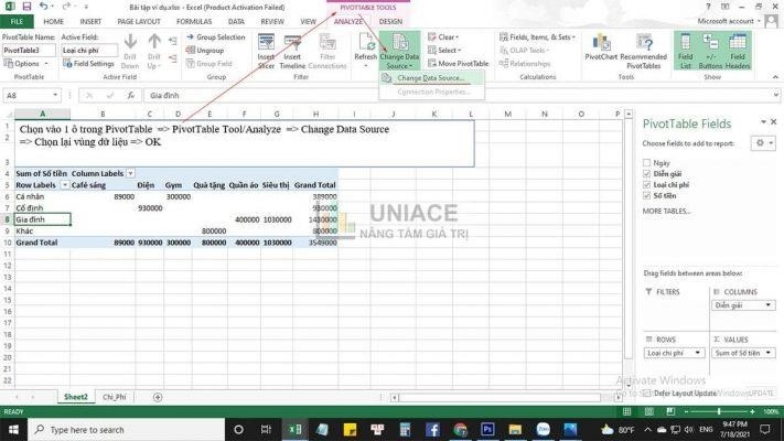 Cách cập nhật mới dữ liệu trong pivottable phần 2