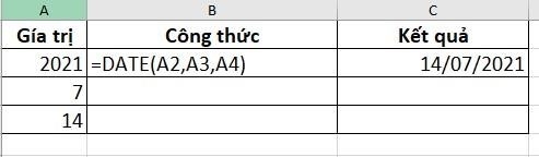 Ví dụ 2: Dùng hàm DATE để có giá trị ngày tháng năm dựa trên dữ liệu của ô khác