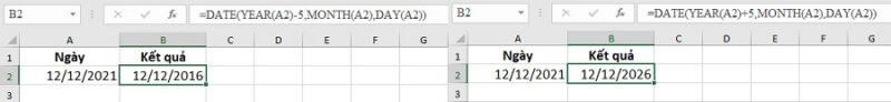 Trừ hoặc thêm năm vào ngày trong Excel