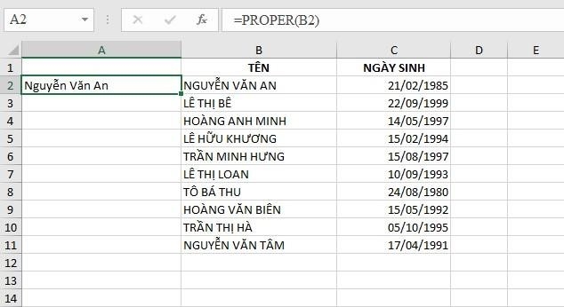 Cách 1: Dùng hàm LOWER, PROPER