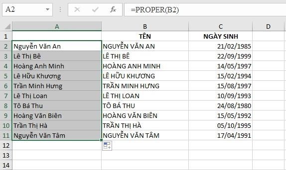 Cách 1: Dùng hàm LOWER, PROPER