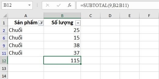 Cách tính tổng dữ liệu được lọc bằng hàm SUBTOTAL